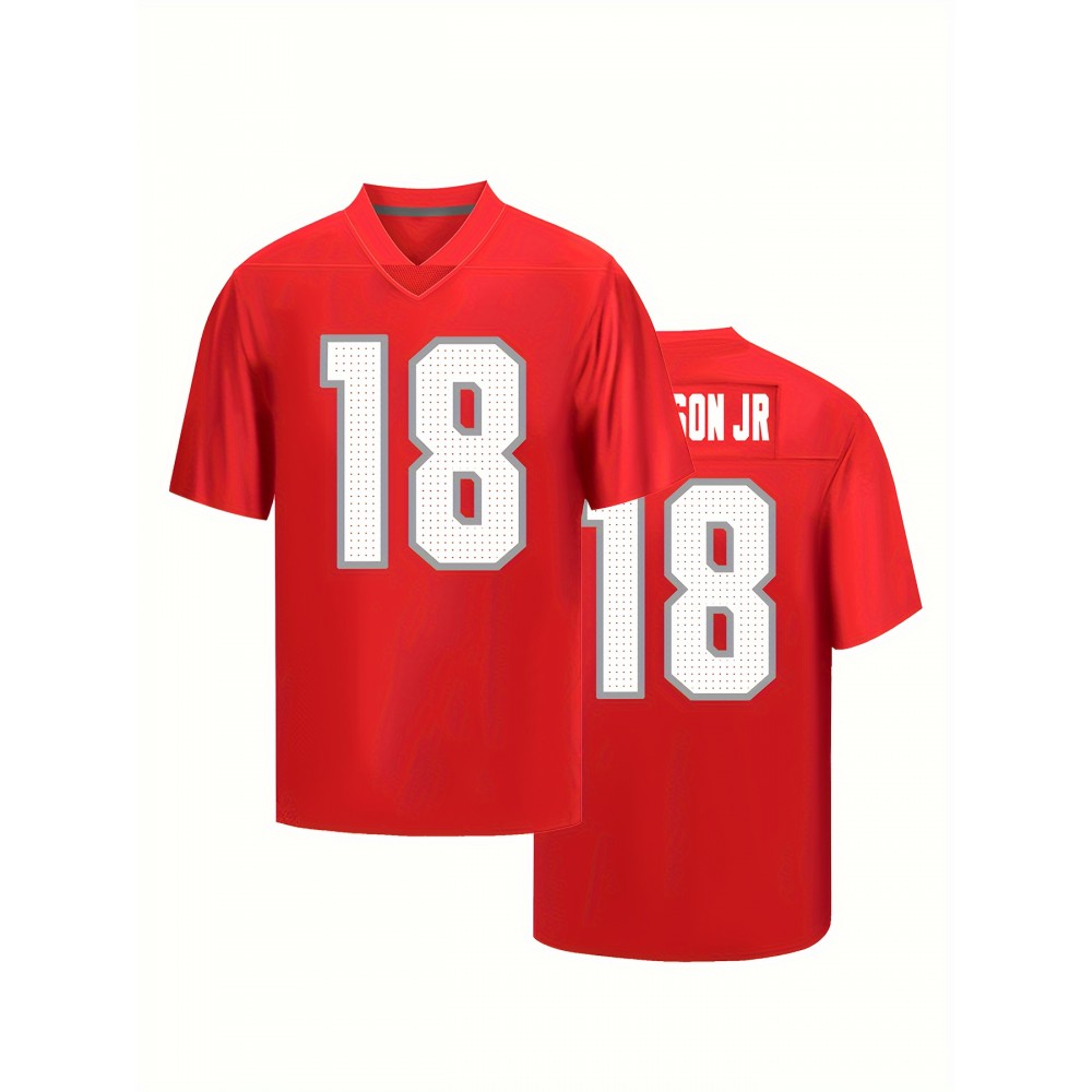 Men'S #18 V-Neck Sports Jersey - Polyester, Embroidered, Breathable, Short Sleeve Shirt for Running, Training, Hiking, Casual & Festive Occasions, Universal Fit for Adult & Male - Red Men'S #18 V-Neck Sports Jersey - Polyester, Embroidered, Breathable, Short Sleeve Shirt for Running, Training, Hiking, Casual & Festive Occasions, Universal Fit for Adult & Male - Red