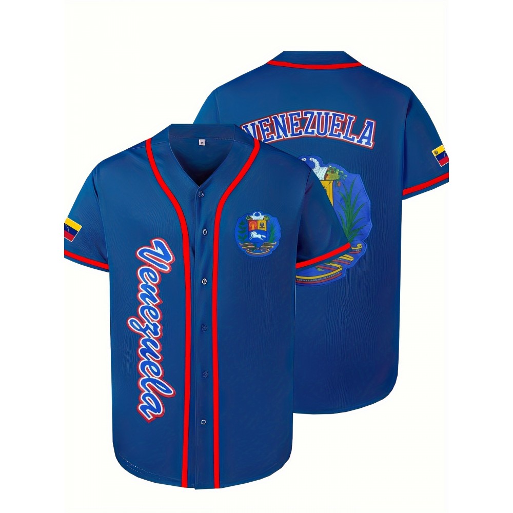 Classic Letter Embroidery, Men'S Short Sleeve V-neck Baseball Jersey, Comfy Top For Training And Competition Classic Letter Embroidery, Men'S Short Sleeve V-neck Baseball Jersey, Comfy Top For Training And Competition