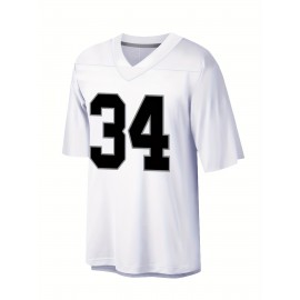 Men'S White # 34 Breathable Rugby Shirt, Sports V-Neck Short Sleeved Training Shirt, Classic Embroidered American Football Shirt
