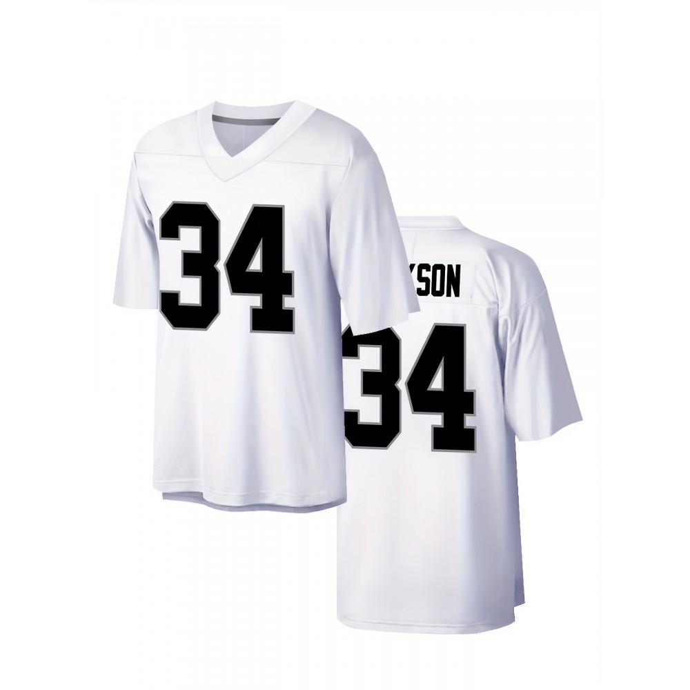 Men'S White # 34 Breathable Rugby Shirt, Sports V-Neck Short Sleeved Training Shirt, Classic Embroidered American Football Shirt Men'S White # 34 Breathable Rugby Shirt, Sports V-Neck Short Sleeved Training Shirt, Classic Embroidered American Football Shirt