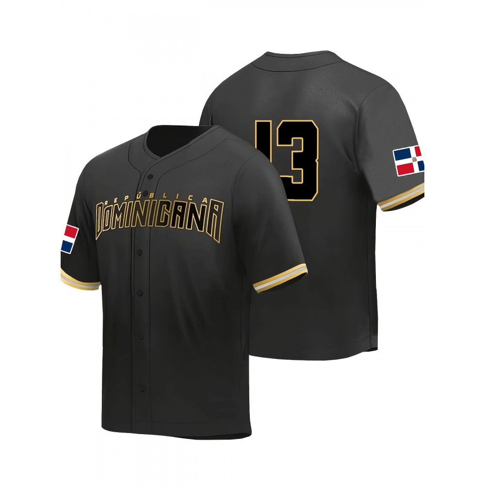 Men'S Dominican #13 Black Baseball Jersey, 100% Polyester V-Neck Knit Fabric T-Shirt, Embroidered Letter & Number Design, Short Sleeve, Breathable, Loose Fit for Sports, Party, Casual Wear - Universal Adult Sports Top Men'S Dominican #13 Black Baseball Jersey, 100% Polyester V-Neck Knit Fabric T-Shirt, Embroidered Letter & Number Design, Short Sleeve, Breathable, Loose Fit for Sports, Party, Casual Wear - Universal Adult Sports Top