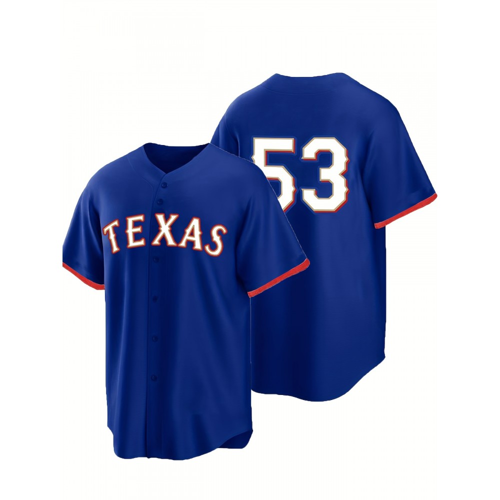 Men'S #53 Blue Baseball Jersey, Classic Retro Letter Embroidery Design Breathable Short Sleeve T-Shirt For Training Competition Men'S #53 Blue Baseball Jersey, Classic Retro Letter Embroidery Design Breathable Short Sleeve T-Shirt For Training Competition