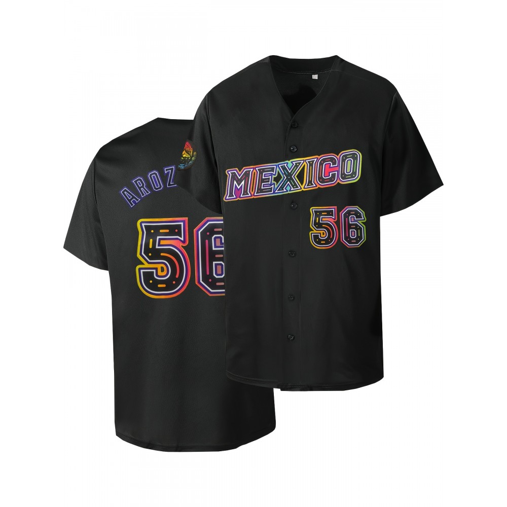 Men'S Classic #56 Mexico Baseball Jersey - Vibrant Retro Embroidery, Breathable Polyester, Short Sleeve V-Neck with Button Closure - Ideal for Training, Competition & Casual Wear Men'S Classic #56 Mexico Baseball Jersey - Vibrant Retro Embroidery, Breathable Polyester, Short Sleeve V-Neck with Button Closure - Ideal for Training, Competition & Casual Wear