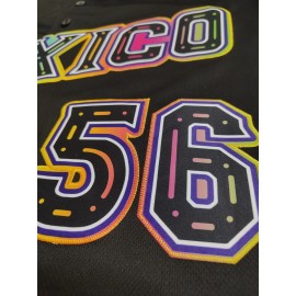 Men'S Classic #56 Mexico Baseball Jersey - Vibrant Retro Embroidery, Breathable Polyester, Short Sleeve V-Neck with Button Closure - Ideal for Training, Competition & Casual Wear