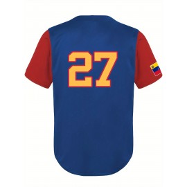 Men's Venezuela #27 Retro Baseball Jersey - Color Block V-Neck Button-Up Shirt with Flag Design, Loose Fit Breathable Fabric for Training, Competition & Casual Wear (All-Season), Event Clothing, Sporty Look, Detail