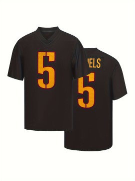 Men'S Black # 5 Breathable Rugby Shirt, Sports V-Neck Short Sleeved Training Shirt, Classic Embroidered American Rugby Shirt