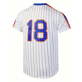 Letter And Number 18 Embroidery, Men'S Striped Short Sleeve V-neck Baseball Jersey, Comfy Top For Training And Competition