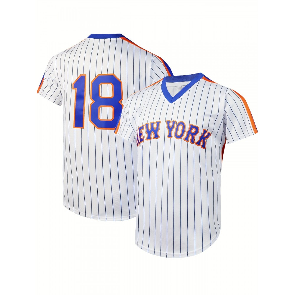 Letter And Number 18 Embroidery, Men'S Striped Short Sleeve V-neck Baseball Jersey, Comfy Top For Training And Competition Letter And Number 18 Embroidery, Men'S Striped Short Sleeve V-neck Baseball Jersey, Comfy Top For Training And Competition