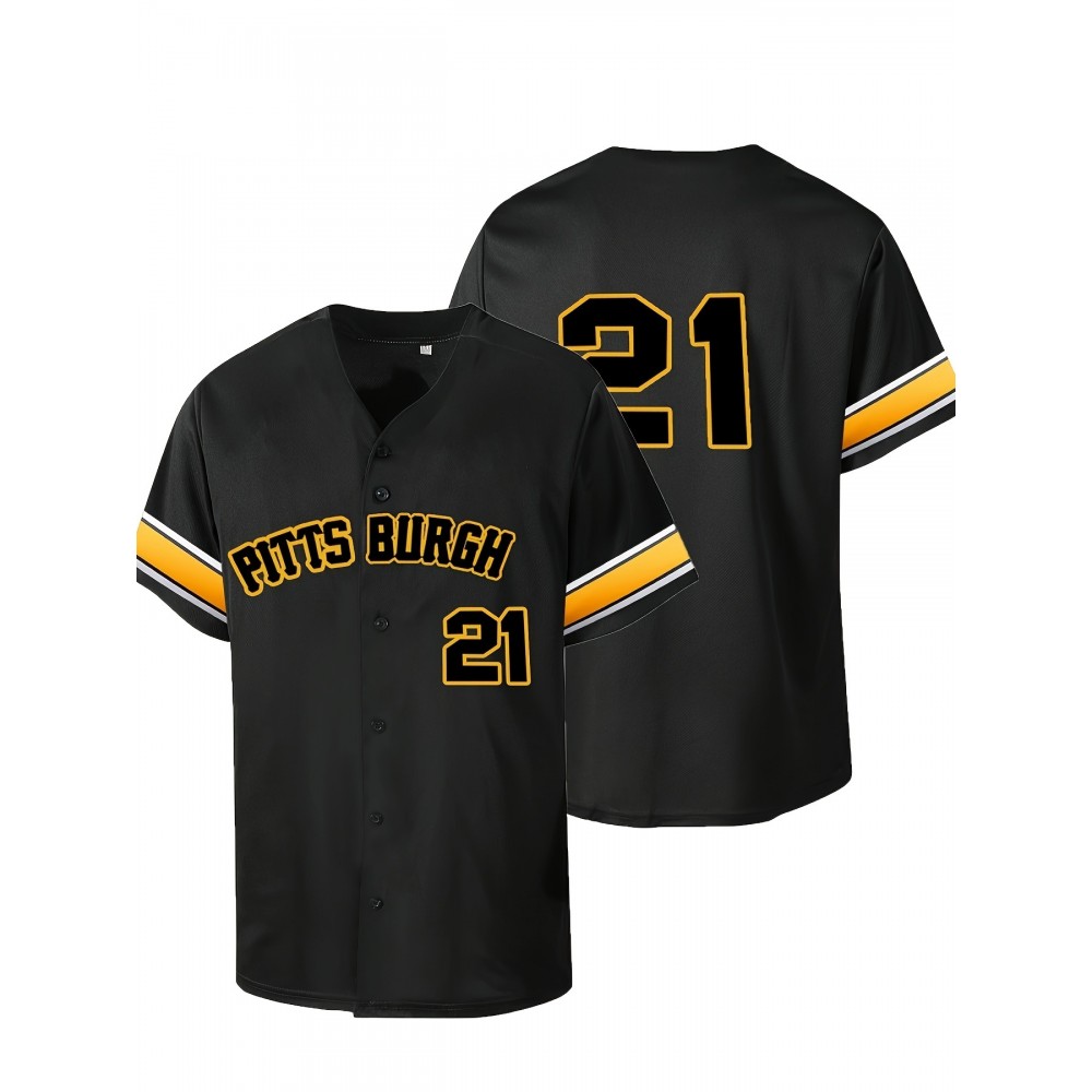 Men'S PITTSBURGH #21 Black Baseball Jersey, Classic Retro Letter Embroidery Design Breathable Short Sleeve T-Shirt for Training Competition Men'S PITTSBURGH #21 Black Baseball Jersey, Classic Retro Letter Embroidery Design Breathable Short Sleeve T-Shirt for Training Competition