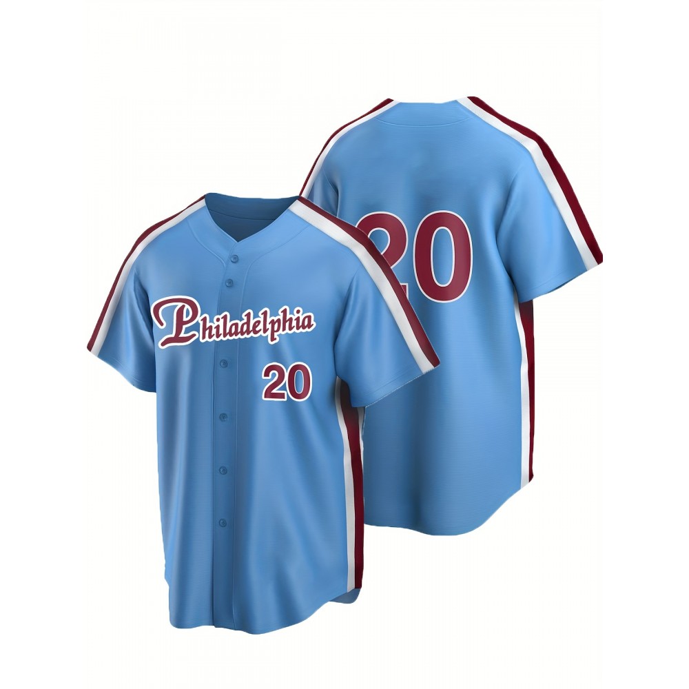 Men'S #20 Blue Baseball Jersey, Classic Retro Letter Embroidery Design Breathable Short Sleeve Shirt For Training Men'S #20 Blue Baseball Jersey, Classic Retro Letter Embroidery Design Breathable Short Sleeve Shirt For Training