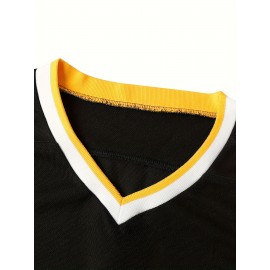 1pc Men's V-Neck Ice Hockey Jersey - 100% Polyester, Embroidered Striped & Solid Color, Breathable Knit Fabric, Loose Fit for Training & Casual Wear