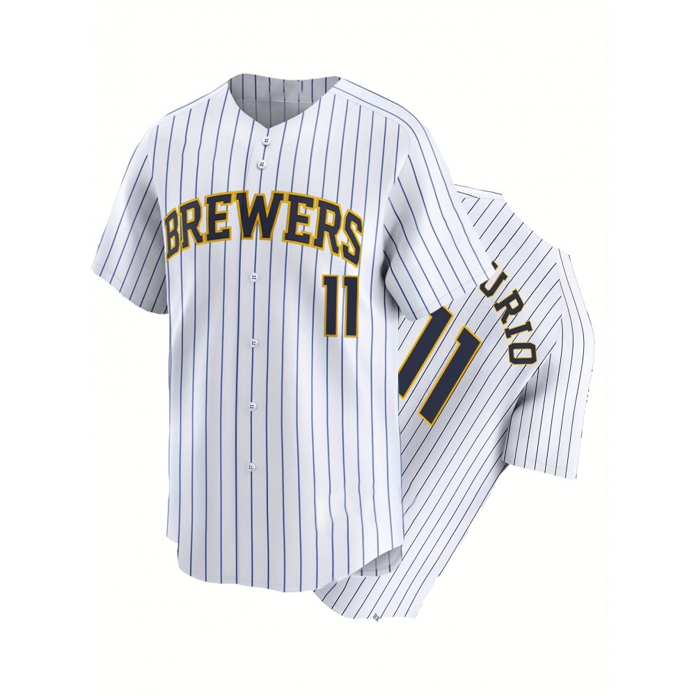 Men'S #11 White Full Embroidered Baseball Jersey, Black Polyester Sports Shirt, V-Neck Men'S #11 White Full Embroidered Baseball Jersey, Black Polyester Sports Shirt, V-Neck