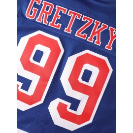 Men's #99 Blue Ice Hockey Jersey - Breathable Vintage Embroidered V-Neck Captain's Jersey with Striped Accents, Loose Fit for Sports, Casual & Outdoor Wear | All-Season Comfort, Machine Washable, Sports Comfort Clothing, Embroidered Detailing
