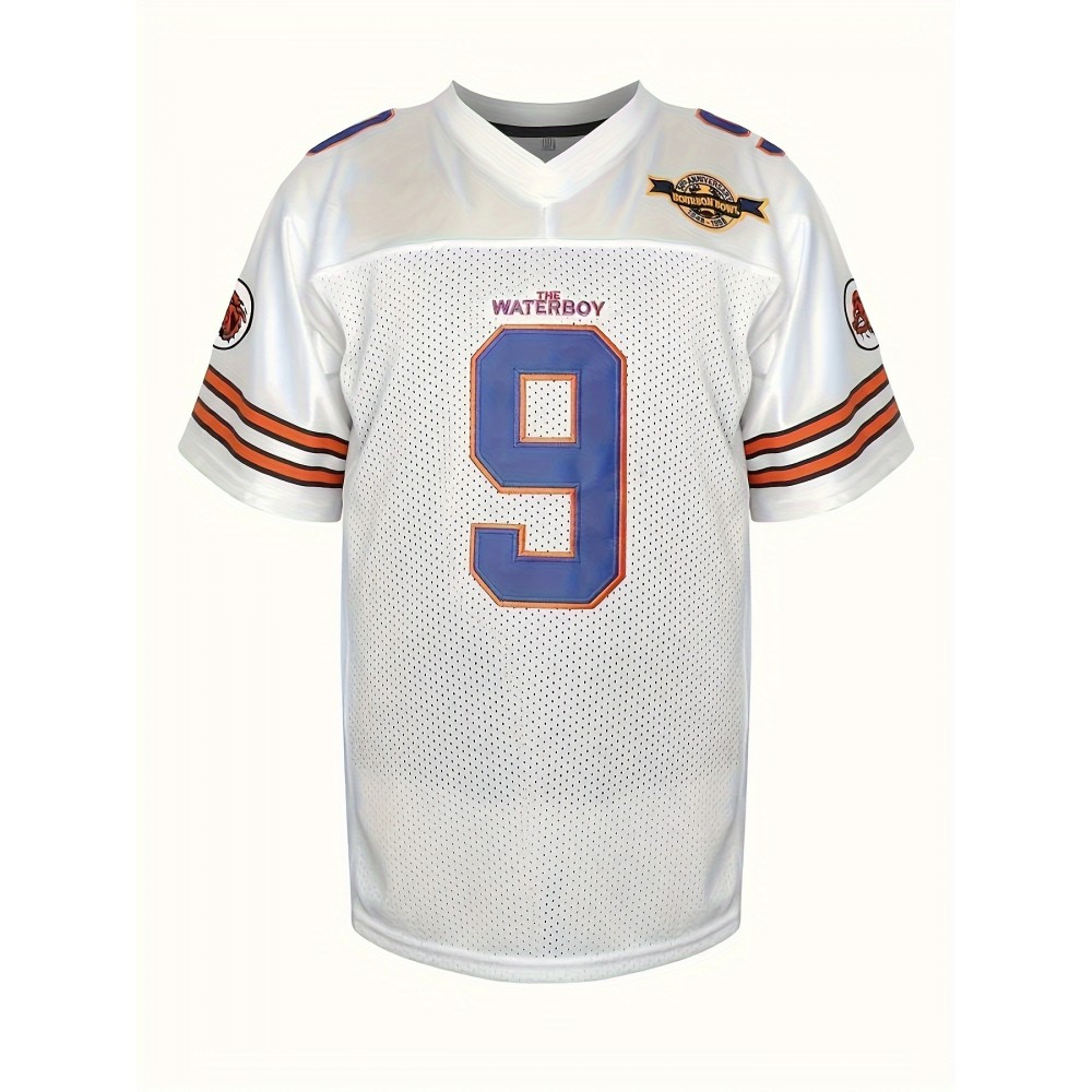 Men's White # 9 Embroidered Rugby Jersey, Activity Breathable V-neck Short Sleeved Uniform American Football Shirt, Used For Training Matches, Festivals, Parties, Outdoor Sports Men's White # 9 Embroidered Rugby Jersey, Activity Breathable V-neck Short Sleeved Uniform American Football Shirt, Used For Training Matches, Festivals, Parties, Outdoor Sports