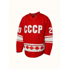 Men's # 20 Red Embroidered Ice Hockey Match Jersey - V-neck, Long Sleeve, Polyester - Suitable For Sports And Casual Wear