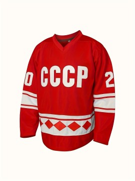 Men's # 20 Red Embroidered Ice Hockey Match Jersey - V-neck, Long Sleeve, Polyester - Suitable For Sports And Casual Wear
