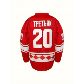 Men's # 20 Red Embroidered Ice Hockey Match Jersey - V-neck, Long Sleeve, Polyester - Suitable For Sports And Casual Wear