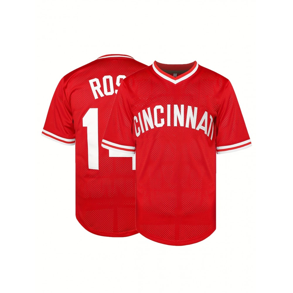 Men'S Breathable Baseball Jersey With Embroidered #14 & ROSE Design, 100% Polyester V-Neck Short Sleeve Shirt Men'S Breathable Baseball Jersey With Embroidered #14 & ROSE Design, 100% Polyester V-Neck Short Sleeve Shirt