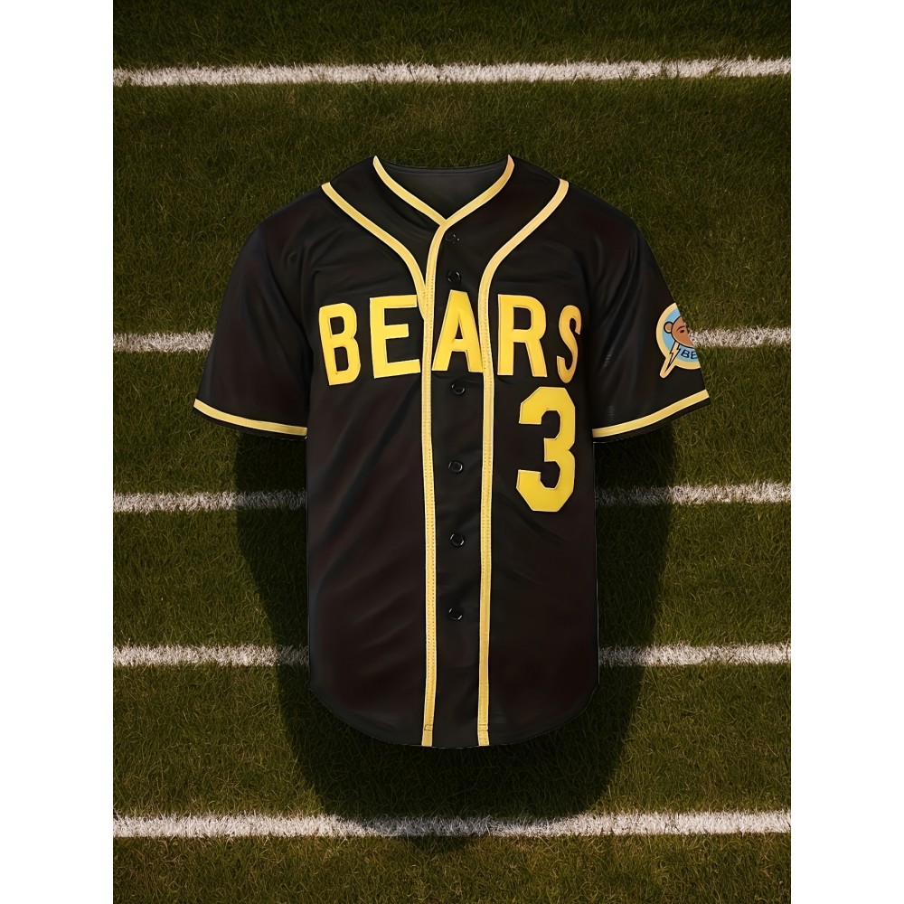 Men's #3 Black Baseball Jersey with Yellow & White Stripes - Men's #3 Black Baseball Jersey with Yellow & White Stripes -