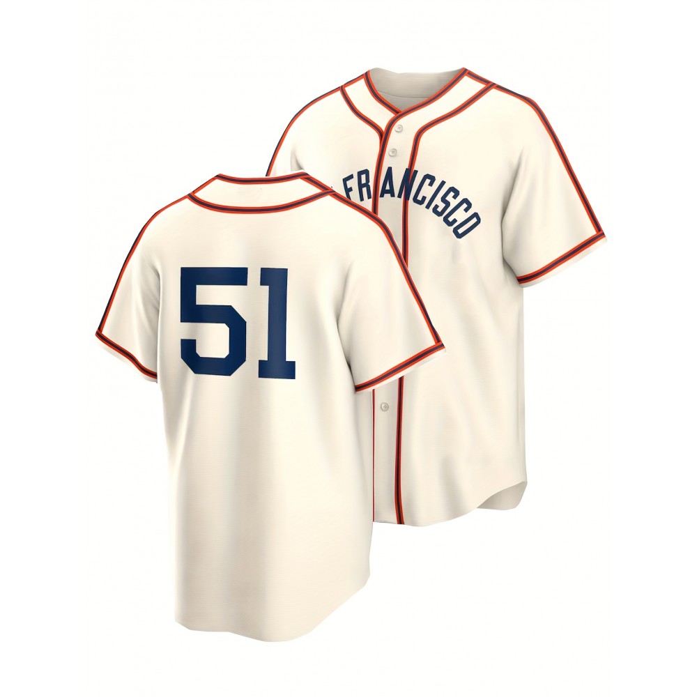 Men's Retro Classic Baseball Jersey #51 - Beige with Red & Blue Accents, Embroidered San Francisco & Number, Breathable V-Neck Button-Up Loose Fit for Training, Competition, Casual & Holiday Wear, Sports Apparel | Sporty Vneck | Embroidered Detailing Men's Retro Classic Baseball Jersey #51 - Beige with Red & Blue Accents, Embroidered San Francisco & Number, Breathable V-Neck Button-Up Loose Fit for Training, Competition, Casual & Holiday Wear, Sports Apparel | Sporty Vneck | Embroidered Detailing
