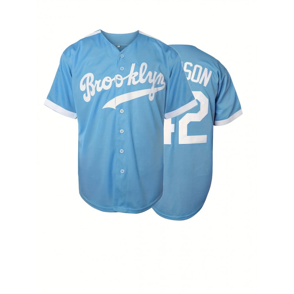 Men'S Light Blue #42 Embroidered Baseball Jersey Men'S Light Blue #42 Embroidered Baseball Jersey