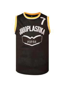 JUGOPlastika Men's #7 Basketball Jersey - Black with Yellow Accents, 100% Polyester Loose Fit Sportswear, Logo & Number, All-Season Machine Washable for Training, Games, Casual & Holiday Wear, Basketball Accessories