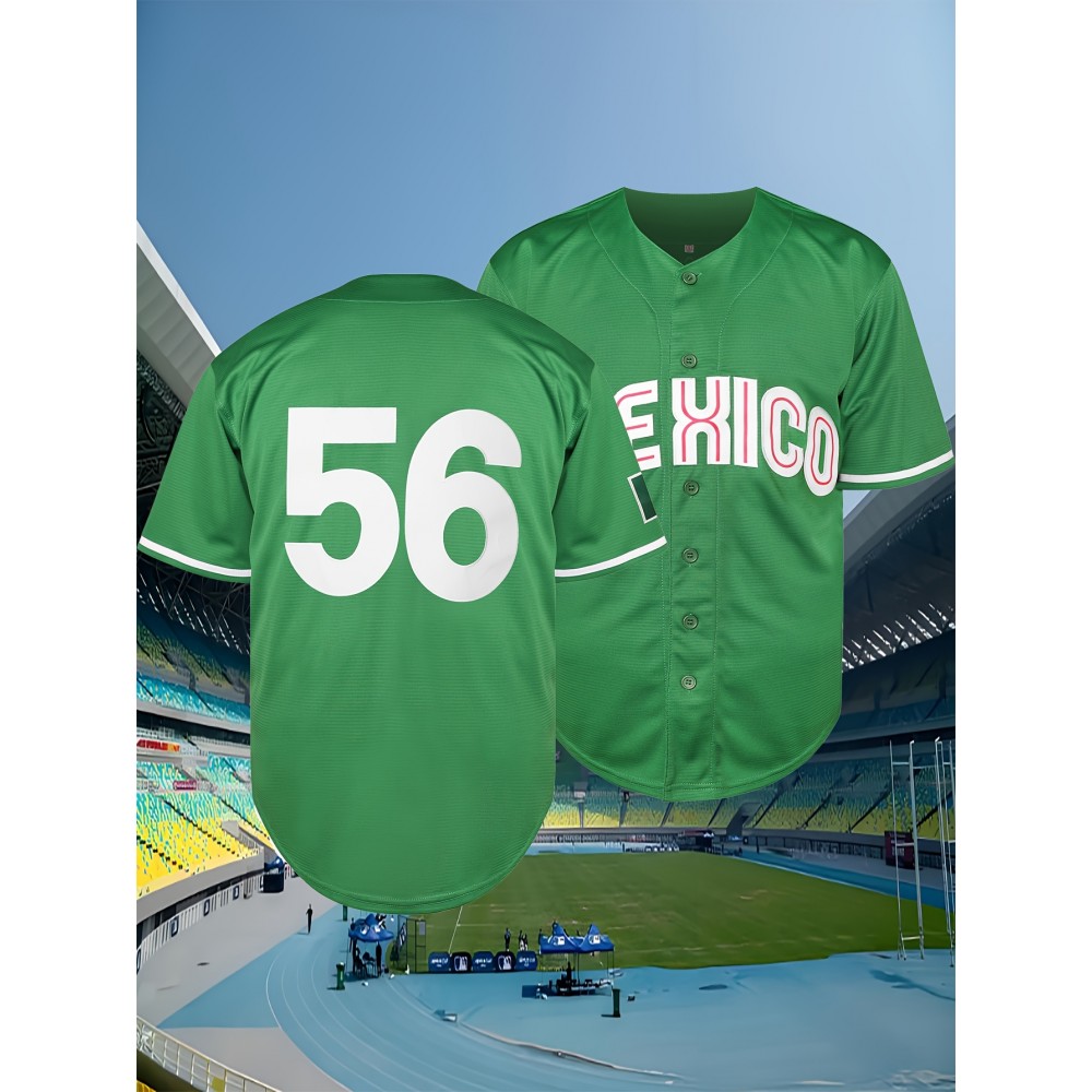 Men's #56 Mexico Baseball Jersey - Vibrant Green with Red & White Stripes, Polyester, V-Neck, Button-Up, Sizes S-3XL - Perfect for Sports Training & Casual Wear Men's #56 Mexico Baseball Jersey - Vibrant Green with Red & White Stripes, Polyester, V-Neck, Button-Up, Sizes S-3XL - Perfect for Sports Training & Casual Wear
