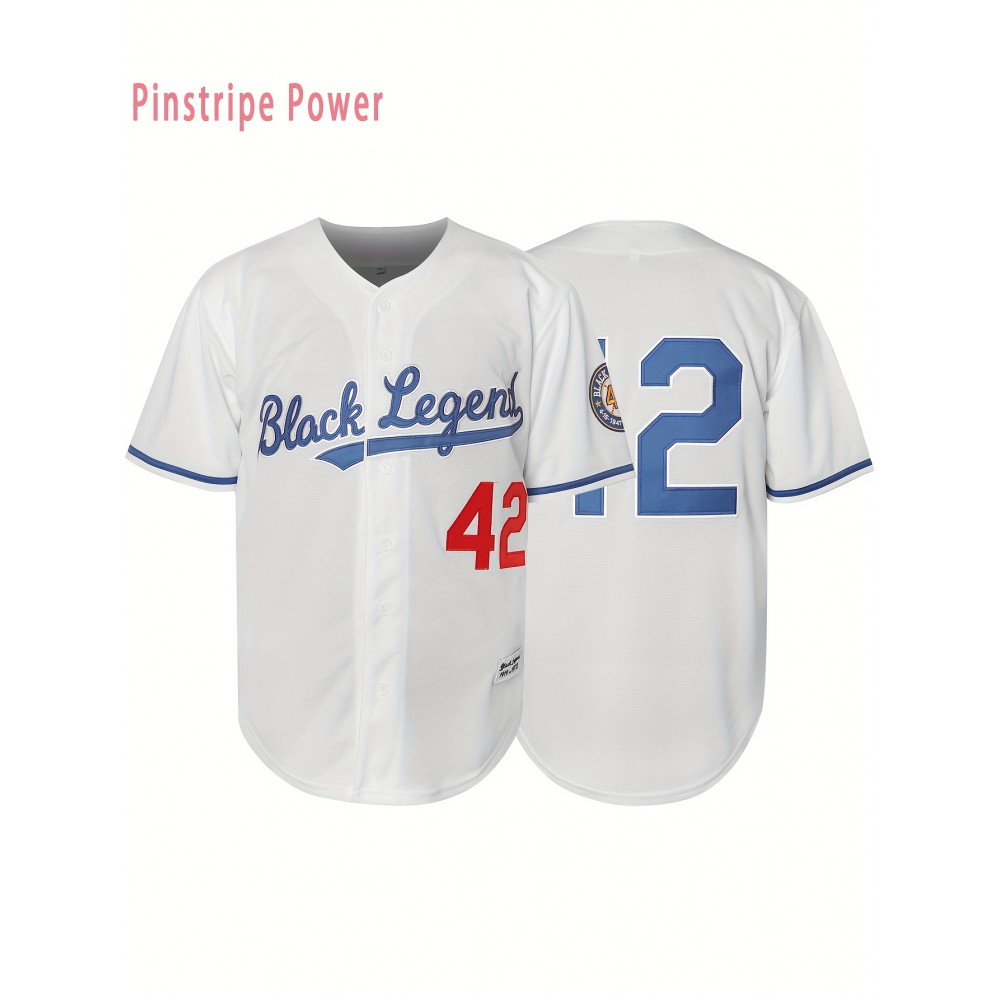 Men's #42 White Embroidered Baseball Shirt - Breathable Polyester V-Neck Button-Up, Loose Fit for Casual Training, Hiking, Cycling, Fishing & Team Sports | Spring Summer Fall Wear