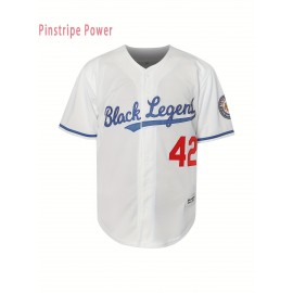 Men's #42 White Embroidered Baseball Shirt - Breathable Polyester V-Neck Button-Up, Loose Fit for Casual Training, Hiking, Cycling, Fishing & Team Sports | Spring Summer Fall Wear