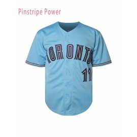 Men's #11 Blue Embroidered Baseball Jersey - V-Neck Button-Up Loose Fit Polyester Shirt for Training, Casual & Outdoor Sports | Machine Washable, Sizes S-3XL