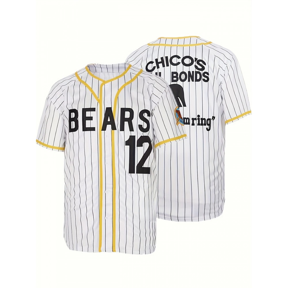 Letter And Number 12 Embroidery, Men's Short Sleeve V-neck Striped Baseball Jersey, Comfy Top for Training And Competition Letter And Number 12 Embroidery, Men's Short Sleeve V-neck Striped Baseball Jersey, Comfy Top for Training And Competition
