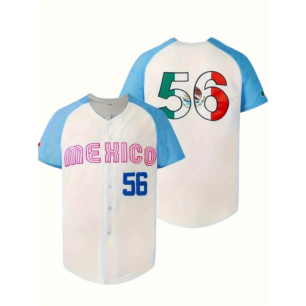Men'S Retro MEXICO #56 Embroidery Design Short Sleeve V-neck Loose Button Up Shirt, Men'S Summer Baseball Jersey Men'S Retro MEXICO #56 Embroidery Design Short Sleeve V-neck Loose Button Up Shirt, Men'S Summer Baseball Jersey