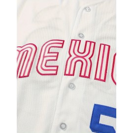 Men'S Retro MEXICO #56 Embroidery Design Short Sleeve V-neck Loose Button Up Shirt, Men'S Summer Baseball Jersey