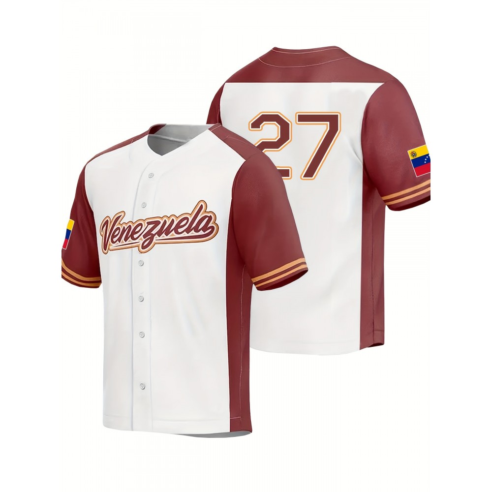 Men'S Venezuela #27 Baseball Jersey, Classic Retro Letter Embroidery Design Breathable Short Sleeve Sports Shirt For Training Competition