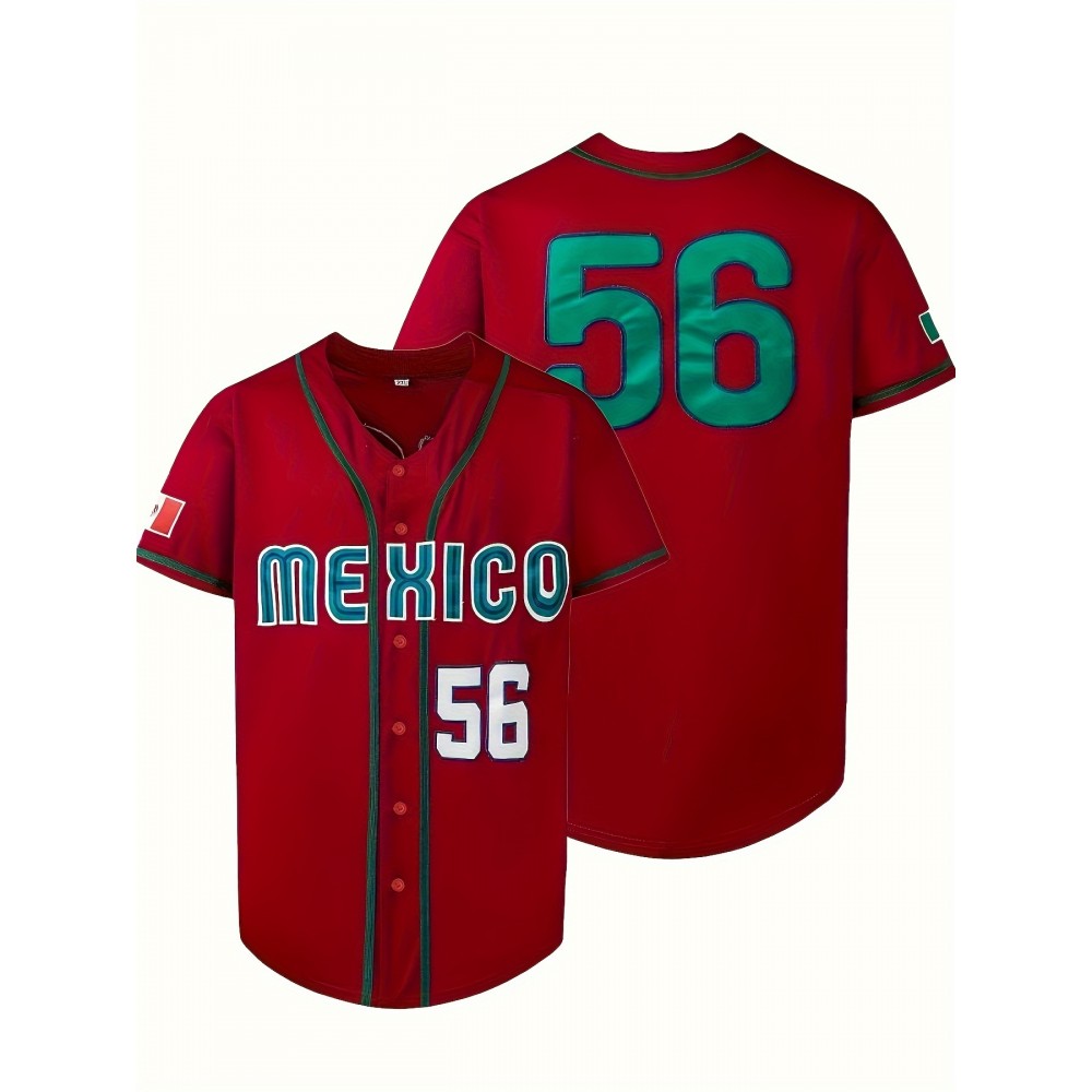 Men'S Retro Casual MEXICO #56 Embroidery Design Short Sleeve V-neck Loose Button Up Shirt, Men'S Summer Baseball Jersey Men'S Retro Casual MEXICO #56 Embroidery Design Short Sleeve V-neck Loose Button Up Shirt, Men'S Summer Baseball Jersey