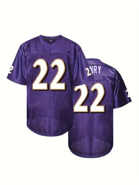 Men's Purple #22 Breathable American Rugby Shirt - Embroidered V-Neck Short Sleeve Training Top, Loose Fit All-Season Sportswear for Outdoor Activities, Casual Wear & Team Sports, Embroidered Detailing