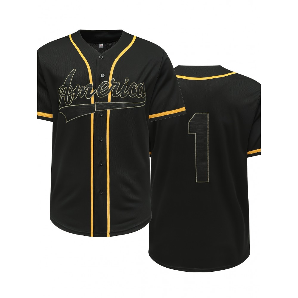 Men's Classic Black #1 Baseball Jersey, 100% Polyester V-Neck Sports Shirt with Embroidered Alphabet Design, Button Closure, Breathable Knit Fabric for Training & Competition, Casual Outdoor Wear, SHLUCKI Men's Classic Black #1 Baseball Jersey, 100% Polyester V-Neck Sports Shirt with Embroidered Alphabet Design, Button Closure, Breathable Knit Fabric for Training & Competition, Casual Outdoor Wear, SHLUCKI