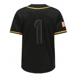 Men's Classic Black #1 Baseball Jersey, 100% Polyester V-Neck Sports Shirt with Embroidered Alphabet Design, Button Closure, Breathable Knit Fabric for Training & Competition, Casual Outdoor Wear, SHLUCKI