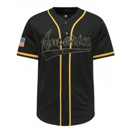 Men's Classic Black #1 Baseball Jersey, 100% Polyester V-Neck Sports Shirt with Embroidered Alphabet Design, Button Closure, Breathable Knit Fabric for Training & Competition, Casual Outdoor Wear, SHLUCKI