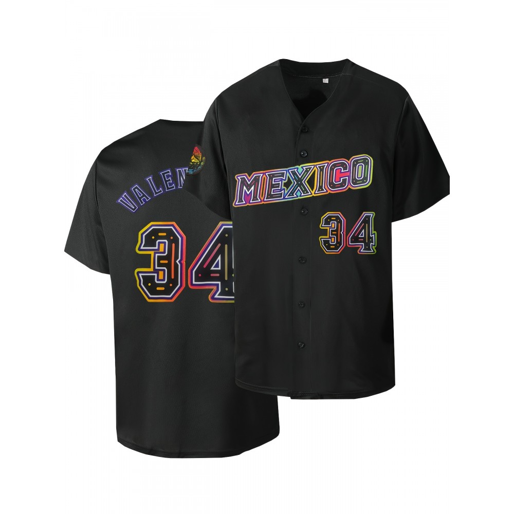 Men's Mexico #34 Black Baseball Jersey - Retro Letter & Number Design, Breathable V-Neck Button-Up Shirt, Loose Fit Short Sleeve for Training, Competition, Casual & Holiday Wear, Quality Embroidery Detail, Best for Christmas, Perfect for Thanksgiving Men's Mexico #34 Black Baseball Jersey - Retro Letter & Number Design, Breathable V-Neck Button-Up Shirt, Loose Fit Short Sleeve for Training, Competition, Casual & Holiday Wear, Quality Embroidery Detail, Best for Christmas, Perfect for Thanksgiving