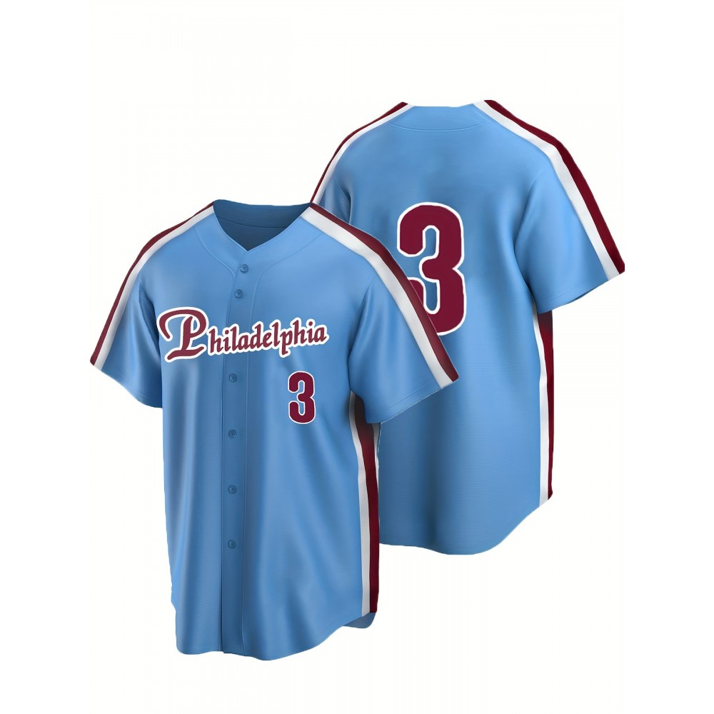 Men'S #3 Blue Baseball Jersey, Classic Retro Letter Embroidery Design Breathable Short Sleeve T-Shirt For Training Competition Men'S #3 Blue Baseball Jersey, Classic Retro Letter Embroidery Design Breathable Short Sleeve T-Shirt For Training Competition
