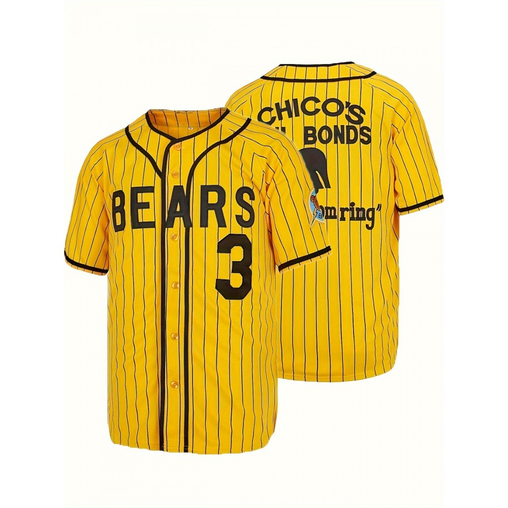 Men's Vintage Baseball Jersey #3 Yellow Stripes Retro CHICOS Lettering Breathable Polyester V-Neck Loose Fit Short Sleeve T-Shirt for Sports, Casual & Holiday Wear