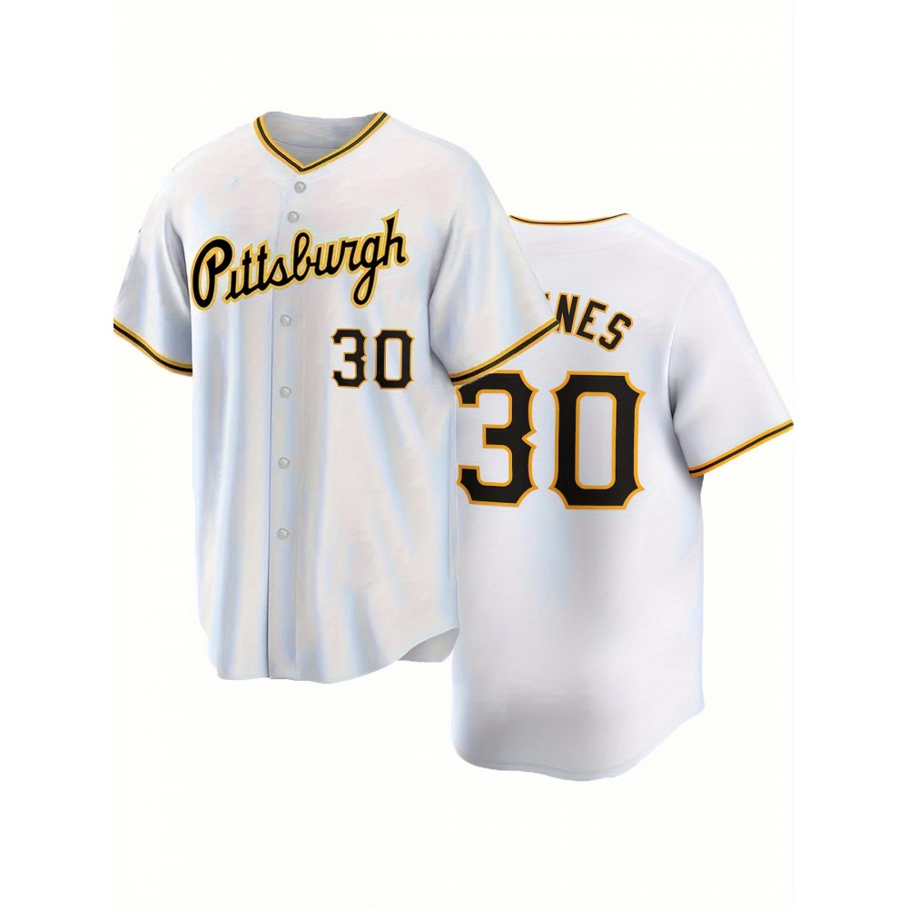 Men'S Pittsburgh #30 White Polyester Baseball Jersey - Sports V-Neck with Embroidered Letters & Numbers, Short Sleeve, Slight Stretch, Four Seasons Wear for Casual or Sports Occasions, Loose Fit Knit Fabric Tops Men'S Pittsburgh #30 White Polyester Baseball Jersey - Sports V-Neck with Embroidered Letters & Numbers, Short Sleeve, Slight Stretch, Four Seasons Wear for Casual or Sports Occasions, Loose Fit Knit Fabric Tops