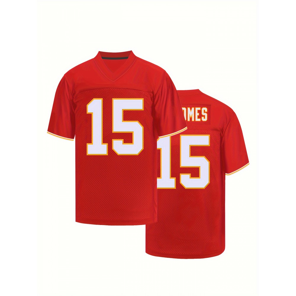 Men's Red #15 Breathable Rugby Jersey - V-Neck Short Sleeve Embroidered American Football Shirt, Loose Fit All-Season Training Top for Sports, Casual & Outdoor Activities, Athletic Wear, Bold Lettering, Reinforced Seams, Sports Apparel, Active Men Men's Red #15 Breathable Rugby Jersey - V-Neck Short Sleeve Embroidered American Football Shirt, Loose Fit All-Season Training Top for Sports, Casual & Outdoor Activities, Athletic Wear, Bold Lettering, Reinforced Seams, Sports Apparel, Active Men