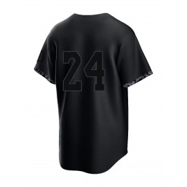 Men'S All Black # 8-24 Baseball Shirt, Classic Letter Embroidery Design, Button Style Short Sleeved Breathable Shirt, for Training And Competition Use
