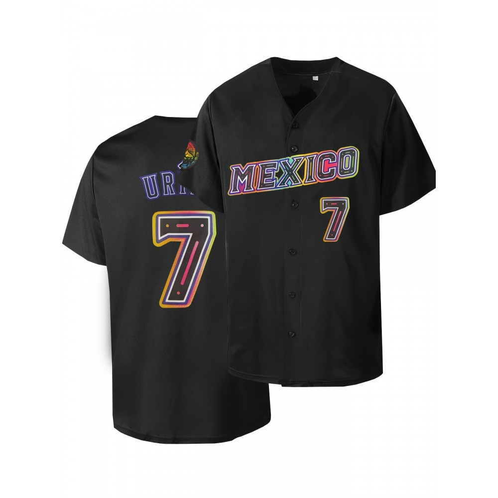 Men'S Mexico #7 Black Baseball Jersey, 100% Polyester Knit Fabric, V-Neck Short Sleeve T-Shirt with Embroidered Letter and Number Design, Breathable Loose Fit for Sports, Casual, Party, Outdoor Activities - Universal Fit Men'S Mexico #7 Black Baseball Jersey, 100% Polyester Knit Fabric, V-Neck Short Sleeve T-Shirt with Embroidered Letter and Number Design, Breathable Loose Fit for Sports, Casual, Party, Outdoor Activities - Universal Fit