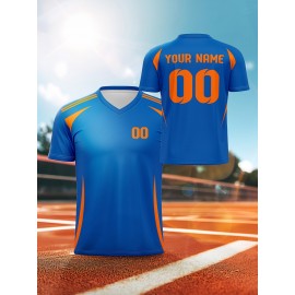 1pc Customizable V-Neck Soccer Jersey for Kids - 100% Polyester Knit Fabric, All-Over Print, Personalized Name & Number, Regular Fit for Boys & Girls, Ideal for Sports, Casual Wear & Outdoor Activities - Spring/Summer/Fall Collection