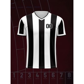 [Custom Football Jersey] Customizable Breathable 2024 Kids' V-Neck Football Jersey | Black & White Stripes with Full-Body Print for Soccer, Sports & Casual Wear - Machine Washable, Spring/Fall, Sports Team Apparel, Comfortable Fit Shirt