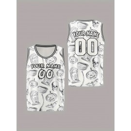 1pc Customizable Kids Sports Tank Top with Name and Number, Halloween Themed Basketball Jersey, Breathable Polyester Knit Fabric, Casual & Athletic Vest, with Unisex Youth Athletic Wear for Running, Training, Outdoor Activities