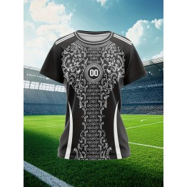 Personalized Women'S Plus Size Soccer Jersey - Custom Name & Number, Black with White Floral Design, Breathable Summer Sports T-Shirt for Casual or Team Wear, Soccer Shirts, Team Uniform, Detailed Print, Quality Print Shirt